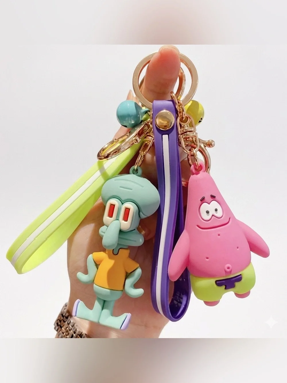 Cartoon Character Keychain Set with Squidward & Patrick - Pink, Teal, Yellow - Picture 1 of 1